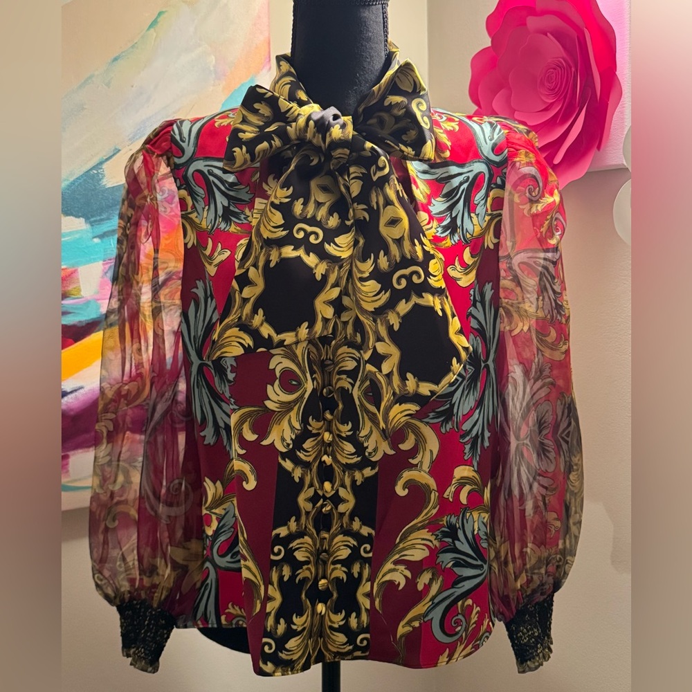 Alice & Olivia  Women's Red and Gold Baroque Print Blouse NWOT $395 retail - Picture 6 of 14